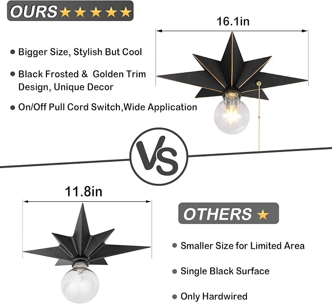 16 inch Flush Mount Ceiling Light with Pull Chain On/Off Switch, Industrial Black Star Ceiling Light Fixtures, Farmhouse Lighting for Hallway, Entryway, Porch, Study, Bedroom, Stair, Kitchen, Bathroom - Image 2