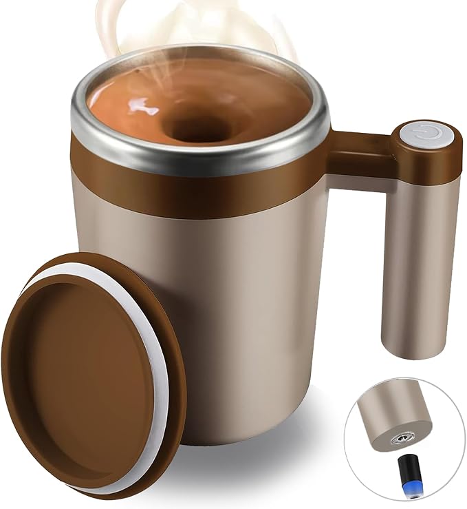 Self Stirring Mug,Rechargeable Auto Magnetic Coffee Mug with 2Pc Stir Bar,Waterproof Automatic Mixing Cup for Milk/Cocoa at Office/Kitchen/Travel 14oz Best Gift - Brown by FCSWEET