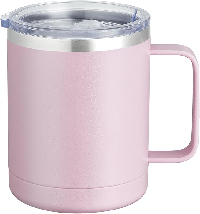 MEWAY 12oz Coffee Mug With Handle and Sliding Lid,Stainless Steel Travel Tumbler Cup with Handle,Double Wall Vacuum Insulated Camping Cup for Hot & Cold Drinks Tea (Pink,Set of 1) by MEWAY