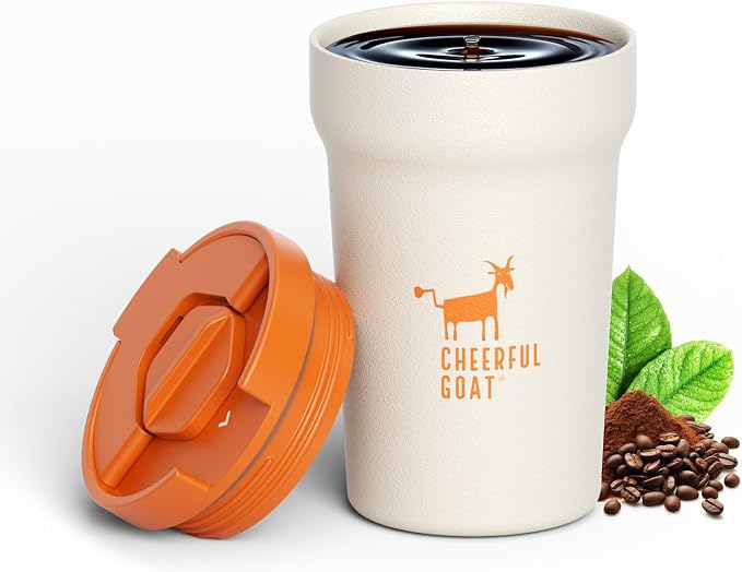 CHEERFUL GOAT Ceramic Lined Coffee Travel Mug – Stainless Steel Travel Coffee Tumbler with Ceramic Liner, with lid, 12oz Coffee Cup for Hot and Cold Water Coffee at Home, Office, or On the Go (white) by CheerfulGoat