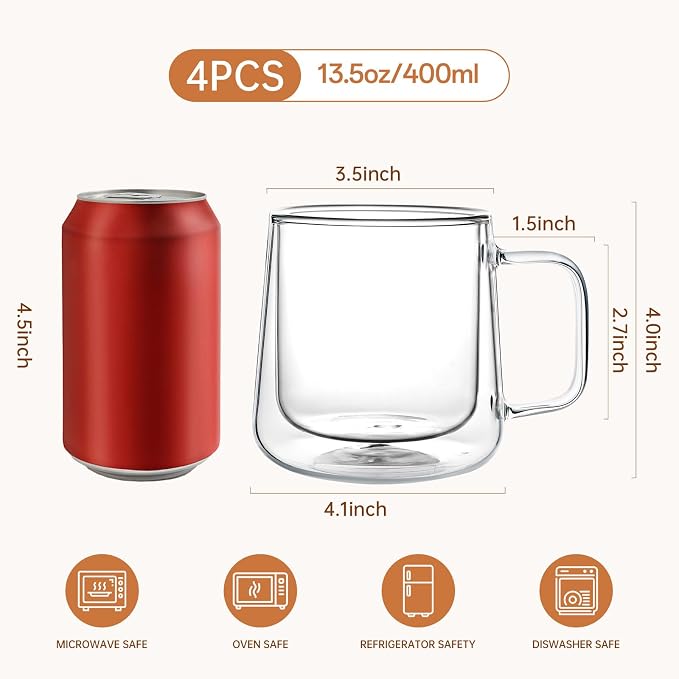 Aurzen 13oz Glass Coffee Mugs,Double Wall Insulated Glass Cups with Handle,Clear Espresso Mugs for Latte,Cappuccino,Tea Bag (2, 13oz) - Image 2