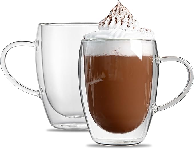Restaurantware-Forma Professional 11.8 Ounce Glass Coffee Cups, 12 Insulated Coffee Cups With Handle - Dishwashable, Reusable, Clear Double Wall Beverage Tumblers, Freezable For Hot Or Cold Beverages