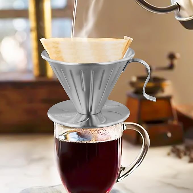 Stainless Steel Coffee Dripper with Holder,304 Food-Grade Filter Cup for Pour Over Brewing,for Standard Filter Papers,for Most Mugs Jugs,Ergonomic Handle for Easy Pouring,Dishwasher Safe,Sil