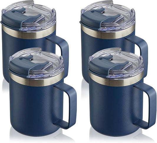 12oz Stainless Steel Insulated Coffee Mug with Handle, Double Wall Vacuum Tumbler Cup with Fliping Lid, Navy, 4 Pack by ALOUFEA