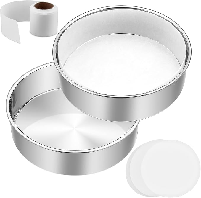 6 Inch Cake Pan Set of 2, E-Far Stainless Steel Round Layer Smash Cake Baking Pans with Parchment Rounds & Side Liner Roll, Non-Toxic & Healthy Metal Cakes Tin, Straight Side & Dishwasher Safe by E-far