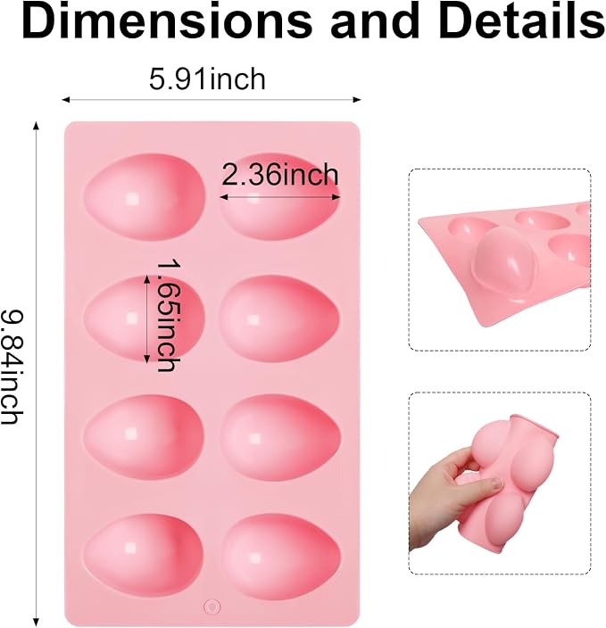 3 Pack Silicone Egg Molds 8 Cavity Easter Silicone Candy Mold 3D Egg-Shaped Silicone Baking Mold for Chocolate, Jello, Mini Cakes, DIY Desserts, Candy, Ice, Pudding, Baking (3, Pink) - Image 3