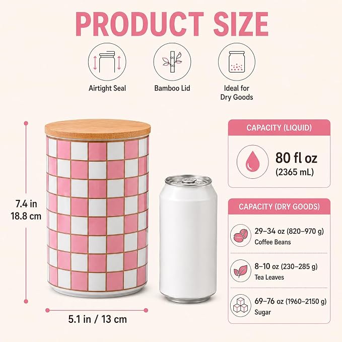 Kitchen Countertop Ceramic Checkered Canisters,Black And White Food Storage Containers With Lid,Airtight Kitchen Canisters for Flour, Sugar, Coffee, Tea, and Dry Goods (Pink, XL) - Image 2