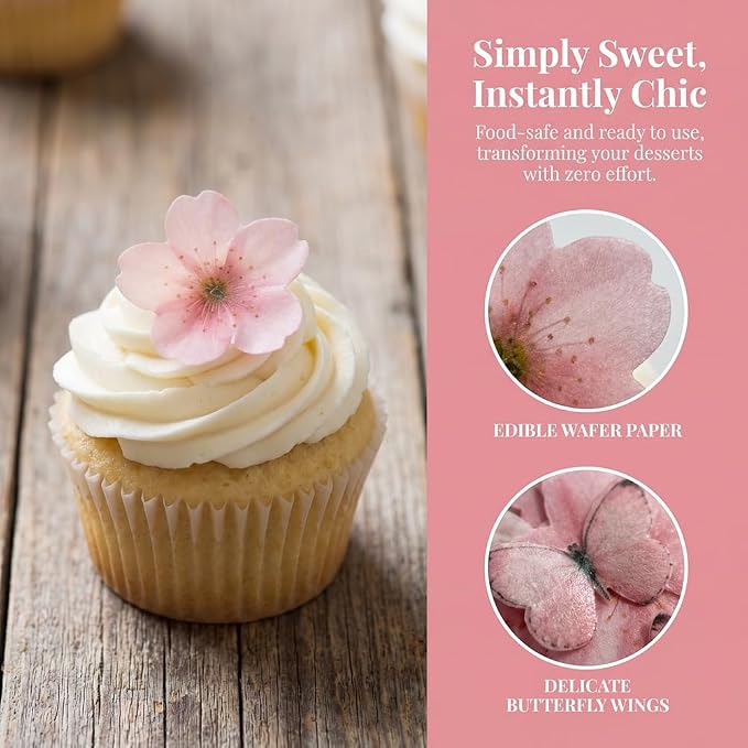 85Pcs Pink Cherry Blossom Flowers & Butterflies Cake Decorations Set – Cupcake Toppers, Birthday Decor – Edible Rice Wafer DIY Dessert for Baby Shower, Wedding (Pink Cherry Blossom butterfly) - Image 3