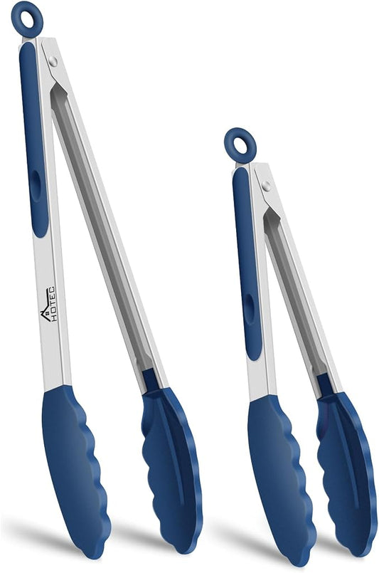 HOTEC Premium 7 & 9 Inch Kitchen Tongs, Stainless Steel Locking Cooking Tongs with Silicone Tips, Non-Scratch & Heat Resistant, Serving Tongs for Salad, BBQ, Classic Blue, Set of 2 by Hotec