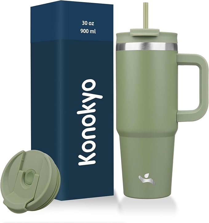 Konokyo 30 oz Insulated Tumbler Water Bottle with Handle, Straw Lid | BPA-free and dishwasher safe; made for gym, travel, coffee and gifting, 2 straws, cup holder friendly,Army Green by Konokyo