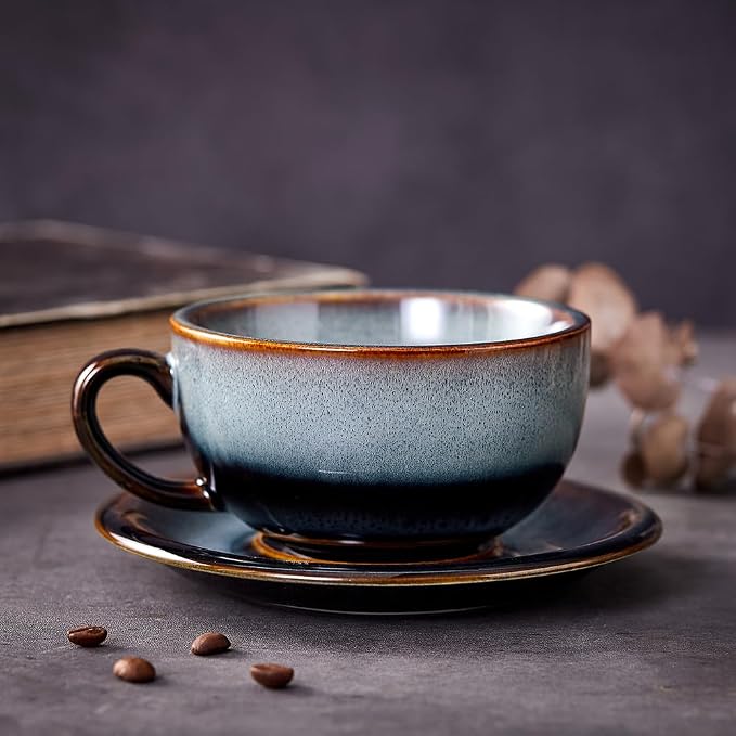 Coffeezone Vintage Design 12 oz Ceramic Latte Art Cappuccino Barista Cup with Saucer (Fog Grey) - Image 5