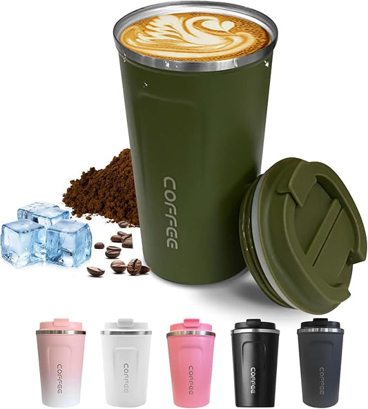 SPLMIFA Travel coffee mugs leak-proof, reusable coffee cups with lids, stainless steel vacuum insulated coffee tumblers, thermal insulation cups for men & women keep drinks hot & cold(2nd-Green, 12OZ) by SPLMIFA