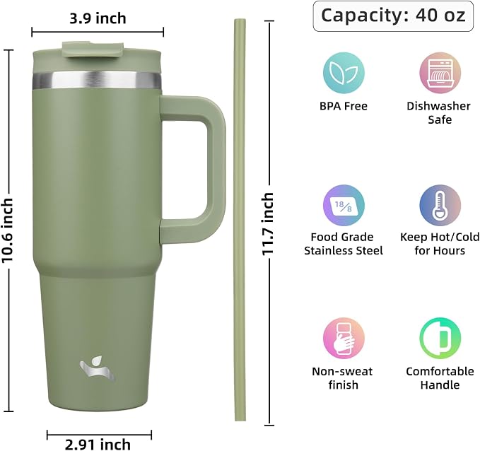 Konokyo 40 oz Insulated Tumbler Water Bottle with Handle, Straw Lid | BPA-free and dishwasher safe; made for gym, travel, coffee and gifting, 2 straws, cup holder friendly,Army Green - Image 4