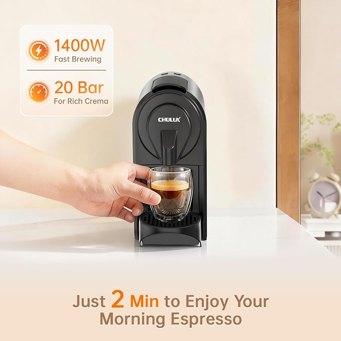CHULUX Bafè-Pro Espresso Maker for Nes Pod, 20 Bar High Pressure Pump, Gray | 1400W Rapid Heating, Espresso Lungo Buttons, Used Capsule Drawer, Auto-Eject System, 24oz Removable Reservoir, Mini Footprint - Image 4