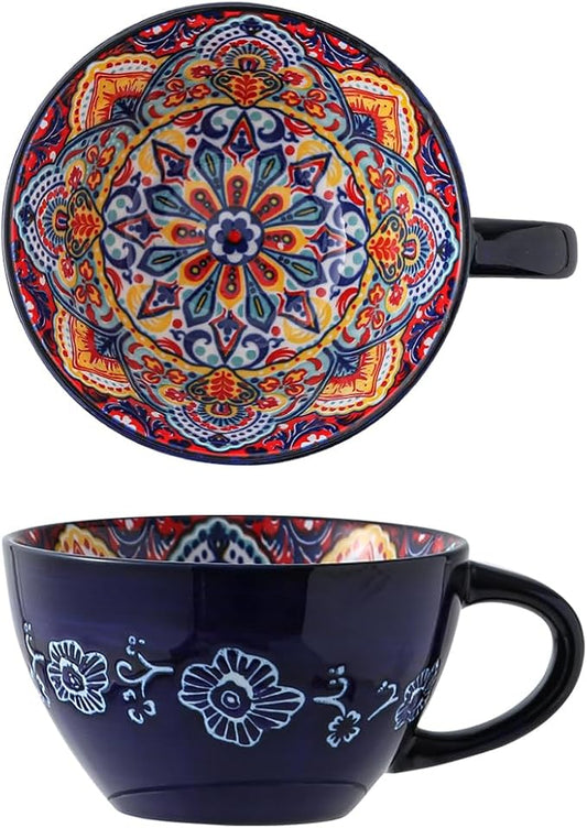 Bohemian Hand-Painted Ceramic Mug, 15 Oz Large Coffee Cup for Milk, Tea, and Breakfast, Dishwasher & Microwave Safe Artisan Cup, Navy Blue by Unknown