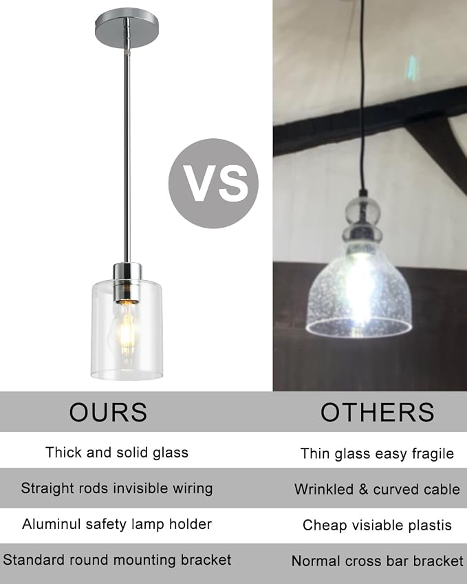 Chrome Pendant Lights Kitchen Island - Clear Glass Pendant Light Fixture Multiple Stems Rods 3 Units 12 Inch 3 Units 4 Inch (2 Pack Chrome Downrod) - Image 3