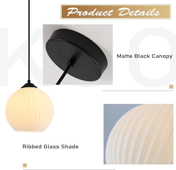 KCO Lighting Mid Century Modern Black 7.9” White Milk Glass Pendant Light | E26 Hardwired Adjustable Cord for Sloped Ceilings Farmhouse Vintage Ribbed Glass Hanging Light for kitchen island Dining Room - Image 3
