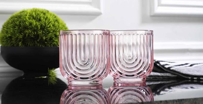 Glaver's Vintage Glassware Art Deco Glasse Ribbed Drinking Glasses U-Shape Arch Design Colored Cocktail Kitchen Tumblers Everyday Dinner Decorative Party HandWash Only (Pink S/4 11oz) - Image 4