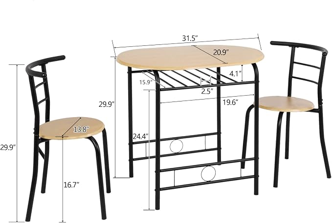 VINGLI 3 Piece Dining Set,Small Kitchen Table Set for 2,Breakfast Table Set for 2,Kitchen Wooden Table and 2 Chairs for Small Space/Dining Room/Apartment,Metal Frame,Wine Rack,Black&Natural - Image 6
