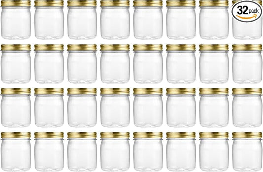 novelinks 8 oz Plastic Mason Jars and Clear Plastic Jars with Lids 8 oz | 32 Pack, Gold, Plastic Containers with Lids, Small Mason Jars, Clear Jars Bulk, Spice Jars, Slime Jars, Mini Jars by novelinks