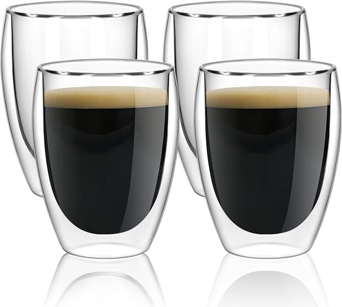 12oz Glass Coffee Mugs Set of 4, Double Walled Espresso Cups for Latte Cappuccino Cocoa Milk Cafe Juice, Clear Glass Tea Cup Set Glassware Gift for Christmas Birthday (12oz-4Pack) by Unknown