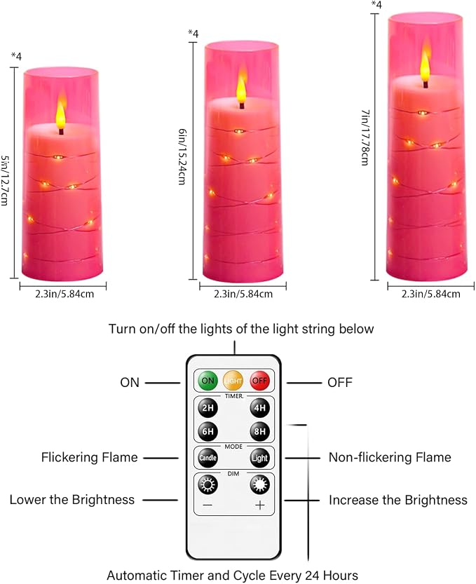 Sasigeiaa Flameless Candles with Embedded Star String - Battery Operated LED Candles, with Remote,12 Pink Flickering Candles for Christmas, Weddings, Home Decor & Party,(D 2.3"×H 5" 6" 7") - Image 2