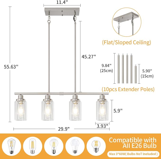 Brushed Nickel Linear Chandelier Over Table, Dining Room Light Fixtures | 4-Light Kitchen Island Lighting, 30'' Modern Island Lights for Kitchen with Clear Glass Shade, Adjustable Height - Image 4