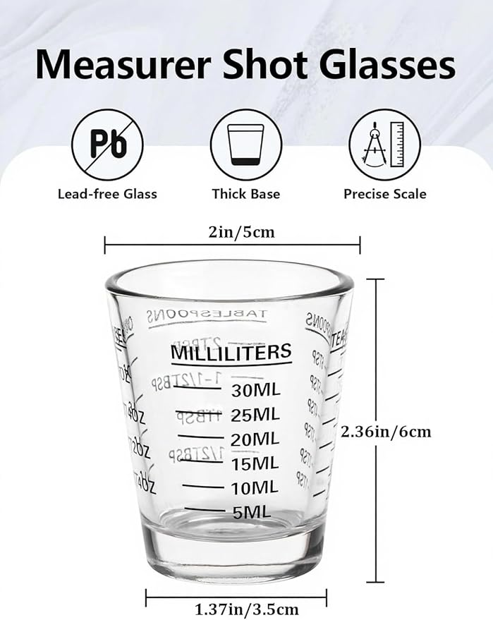 2-Pack Shot Glass Measuring Cups Set | Non-Fading 4-Measurement Espresso Jigger (OZ/ML/TSP/TBSP) | Thick Base Heavy Glass Measuring Cup for Coffee & Kitchen，Dishwasher Safe, Incremental Scale (Black)