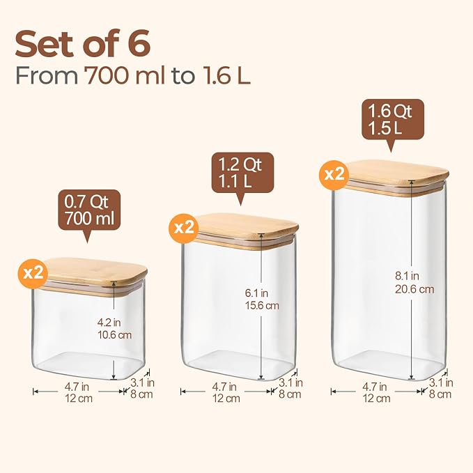 ComSaf Glass Pantry Storage Containers (0.7qt/1.2qt/1.6qt) Set of 6 Jars | Glass Storage Containers With Lids, Rectangle Glass Canisters With Airtight Lids For Kitchen, Spices, Tea, Coffee, BPA Free - Image 2