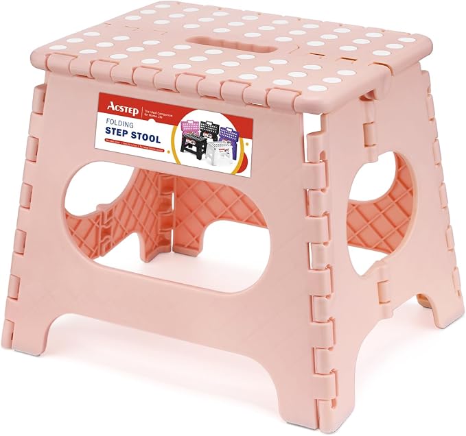ACSTEP 11" Folding Step Stool for Kids, Non-Slip Foldable Stool, Light Pink | Heavy Duty Collapsible Foot Stool, Lightweight with Built-in Handle, Holds 300 lb for Adults Kitchen Bathroom Bedroom Outdoor by ACSTEP