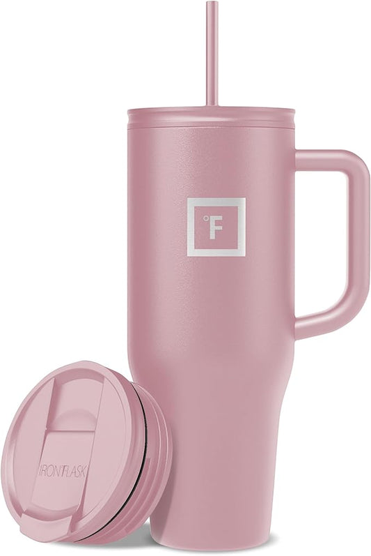 IRON °FLASK 40 oz Co-Pilot Insulated Travel Mug | Insulated Travel Mug with Straw & Flip Cap Lids - Cup Holder Fit, Leakproof, BPA Free (Cosmetic Pink) by IronFlask