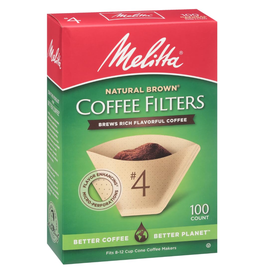 Melitta #4 Natural Brown Cone Coffee Filters – 300 Count (Pack of 3), Fits 8–12 Cup Brewers & Pour Over, Compostable
