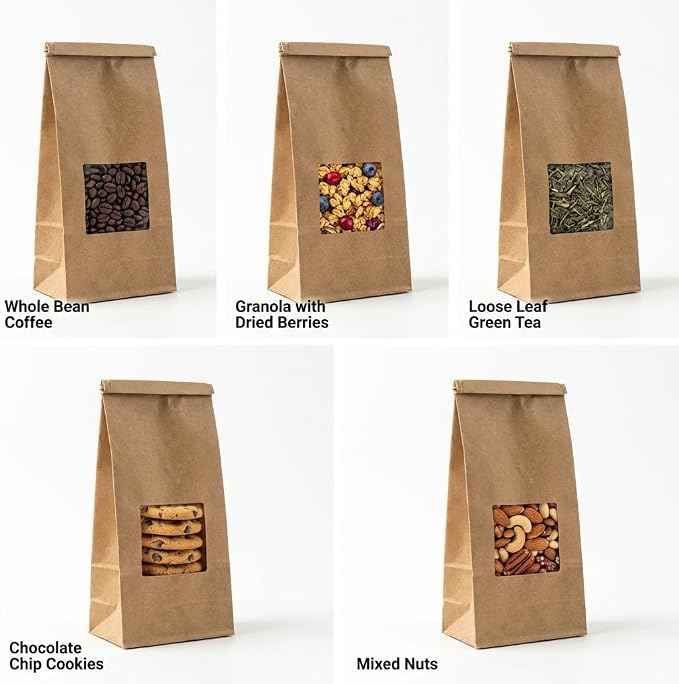 AwePackage Compostable Natural Kraft Paper Tin Tie Bag with Window (100, 14-16 oz) - Image 6