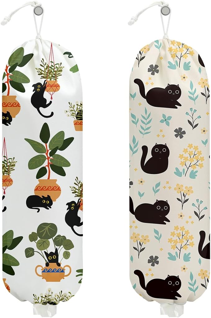 2Pcs Cute Cat Plastic Bag Holder, Vintage Floral Greenery Plastic Bag Holders for Grocery Bags, Washable Grocery Bags Storage Dispenser for Home Kitchen Pantry Decor, Cat Lover Gifts for Women by Unknown