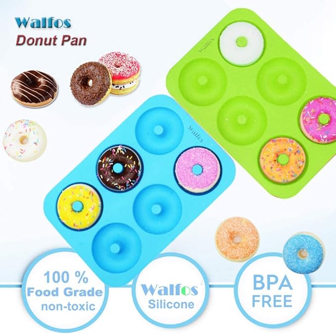 Walfos Silicone Donut Mold - Non-Stick Silicone Doughnut Pan Set, Just Pop Out! Heat Resistant, Make Perfect Donut Cake Biscuit Bagels, BPA FREE and Dishwasher Safe, Set of 2