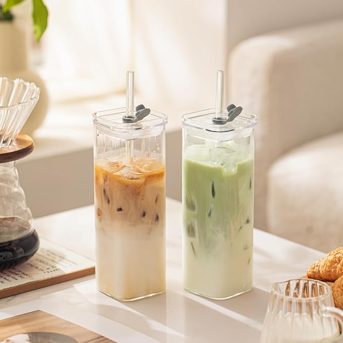 6 Sets Square Drinking Glass Cups, Old Fashioned Glasses, 17 Oz Square Glasses, Clear Highball Modern Glassware Tumbler Mixed Drinkware with Straws for Cocktail Coffee Juice Beer (Square-6PCS) - Image 7