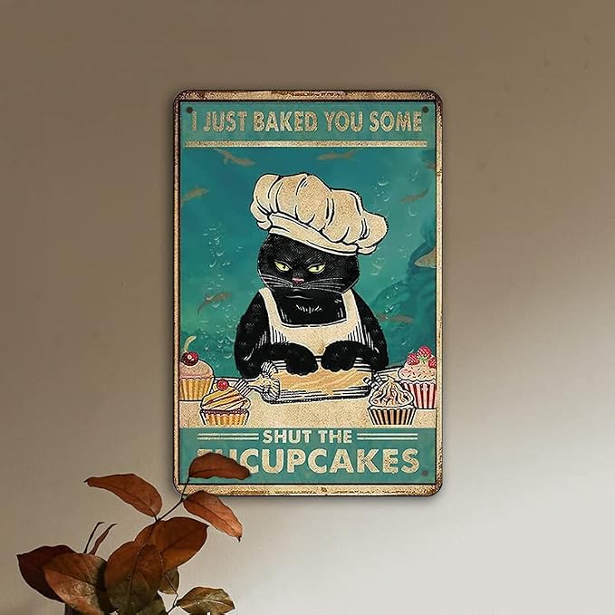 Funny Retro Cat Metal Tin Sign Vintage Kitchen Signs Wall Decor Cat Art Kitty Cats Signs For Home Coffee Bar Cat Art I Just Baked You Some Cakes Sign 8x12 Inch - Image 3