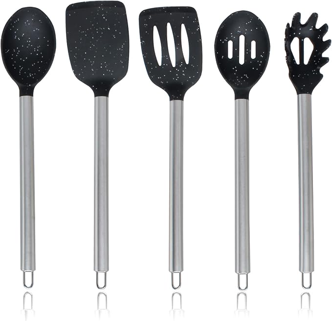 COOK WITH COLOR Silicone Cooking Utensils, Kitchen Utensil Set, Easy to Clean Silicone Kitchen Utensils, Cooking Utensils for Nonstick Cookware, Kitchen Gadgets Set, 5 Pieces, Speckled Black by CookwithColor