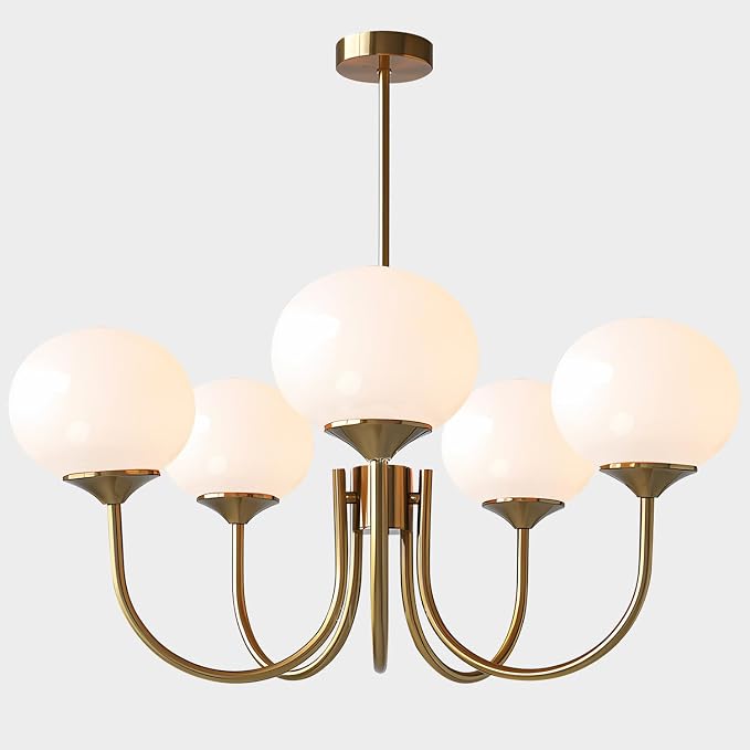 5 Light White Globe Chandelier Small Milk Glass Chandelier Gold Sputnik Ceiling Light Fixture MCM Dining Room Light Fixture Vintage Kitchen Pendant Lights by FlyRose