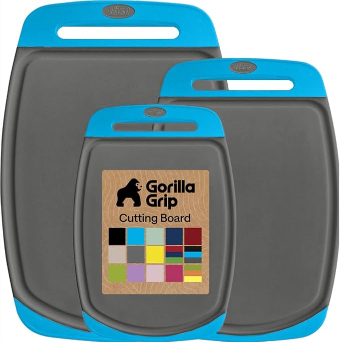 GORILLA GRIP BPA-Free Reversible Kitchen Cutting Board Set of 3, US Designed, Nonporous, Juice Grooves Catch Liquid, Slip Resistant Border, Dishwasher Safe, Durable Food Chopping Boards, Gray Aqua by Unknown