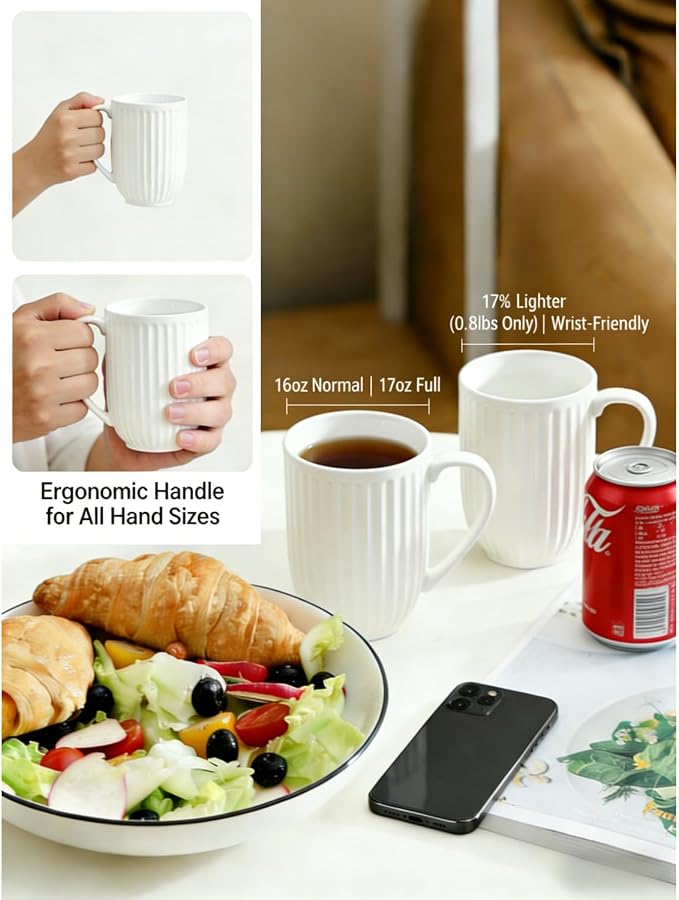 HASENSE Textured Large Coffee Mugs Set of 4, 16 Oz Ribbed Ceramic Cups with Large Handle for Latte Tea Cappuccino, Stackable Embossed Mug Set for Mom Dad, Microwave Dishwasher Safe, Creamy White - Image 9