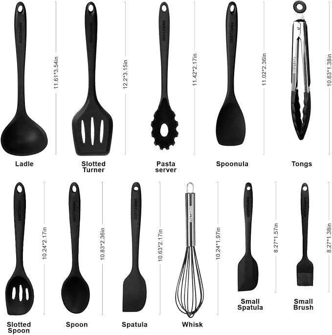 Kitchen Utensil Set - 11 Cooking Utensils - Colorful Silicone Kitchen Utensils - Nonstick Cookware with Spatula Set - Colored Best Kitchen Tools Kitchen Gadgets (Black) - Image 2