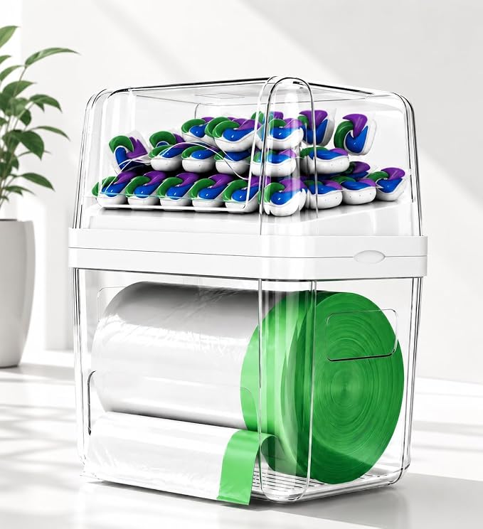 Trash Bag Dispenser & Dishwasher Pods Organizer, Clear Acrylic Garbage Bag Holder Under Sink Organizer With Removable Lid, Laundry Pods Container for Kitchen Pantry Laundry Room (3IN1 Dispenser) by ZZWILLB