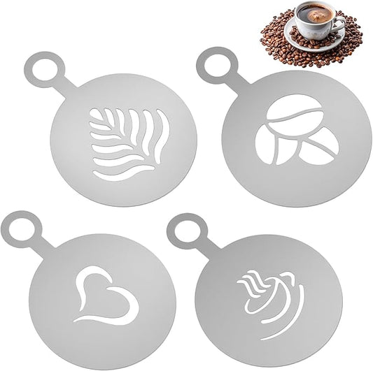 4 Pcs Coffee Stencils Latte Art,Coffee Stencils,Latte Art Stencil with Various Patterns for Cappuccino Lattes Cake Decorating Coffees Shop and Home Use(Silver)