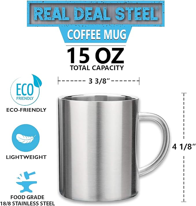 Stainless Steel Coffee Mugs – 15 oz Double Wall Stainless Steel Mugs with Handle, Metal Coffee Cups for Tea, Insulated Mug Set of 2 – BPA Free, Durable, Unbreakable Metal Coffee Mugs for Camping - Image 4