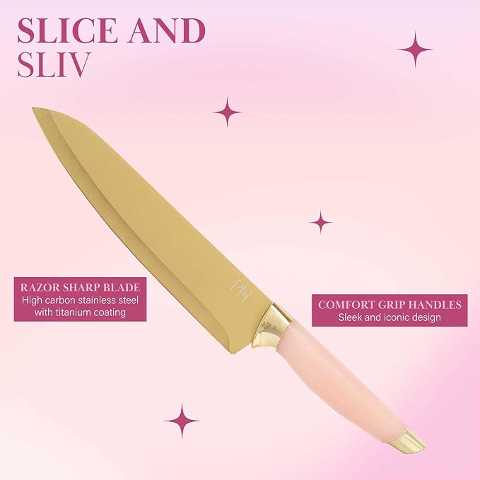 Paris Hilton Bamboo Cutting Board for Kitchen, Reversible Cutting Board and Cutlery Set with High Carbon Stainless Steel Knives and Blade Guards, Comfortable Handle Grips, 7-Piece Set, Gold and Pink - Image 5