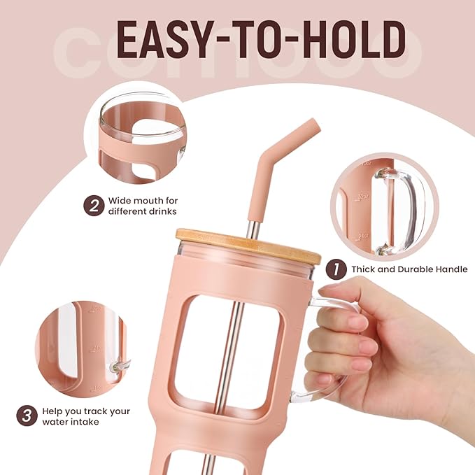 COMOOO 40oz Glass Tumbler with Handle, Bamboo Lid, Straw, Silicone Sleeve, Dishwasher Safe, Cup Holder Friendly, Amber