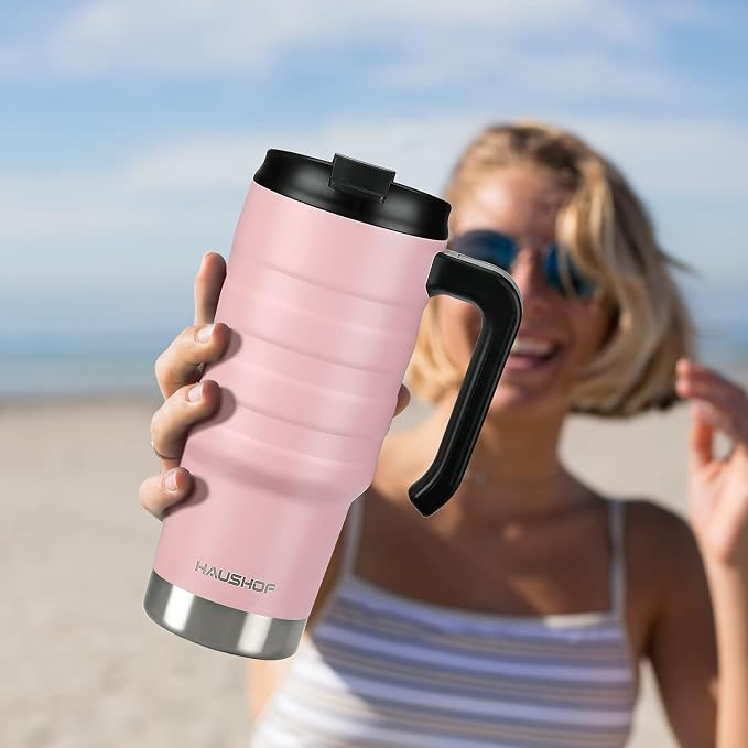 HAUSHOF 24 oz Travel Mug, Stainless Double Wall Vacuum Insulated Tumbler with Handle & Spill Proof Twist On Flip Lid and Wide Mouth, BPA Free (Pink) - Image 6