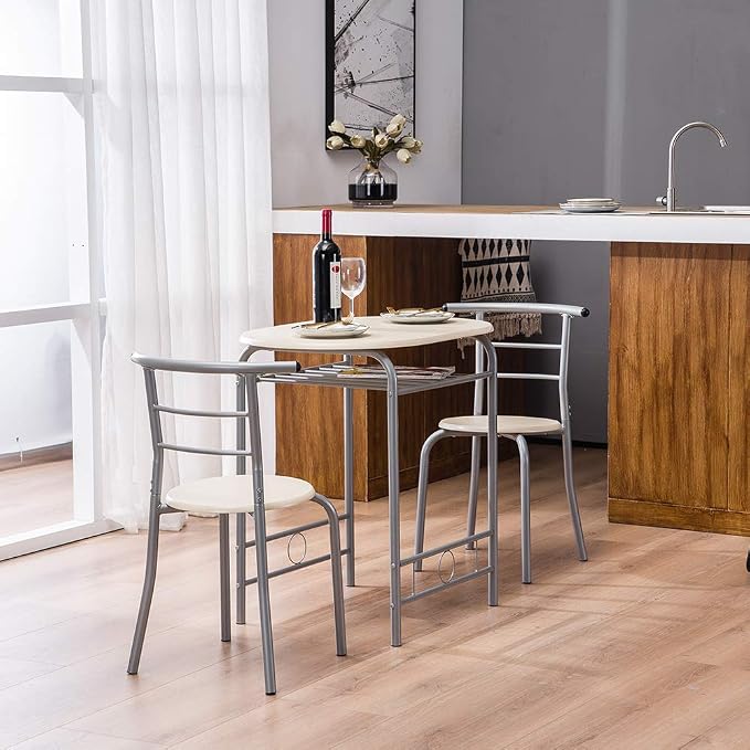 VINGLI 3 Piece Dining Set, Small Kitchen Table Set for 2, Breakfast Table Set, Kitchen Wooden Table with 2 Chairs for Small Space/Dining Room/Apartment, Metal Frame, Wine Rack, Beige - Image 4