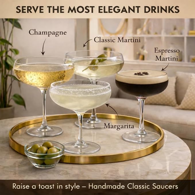 VEMACITY - Elegant Espresso Martini Glasses Set of 4 (10oz) - Classic Coupe Glasses for Martinis, Champagne, Margaritas | Handblown Crystal Cocktail Glassware | Ideal for Martinis and Cocktails - Image 5
